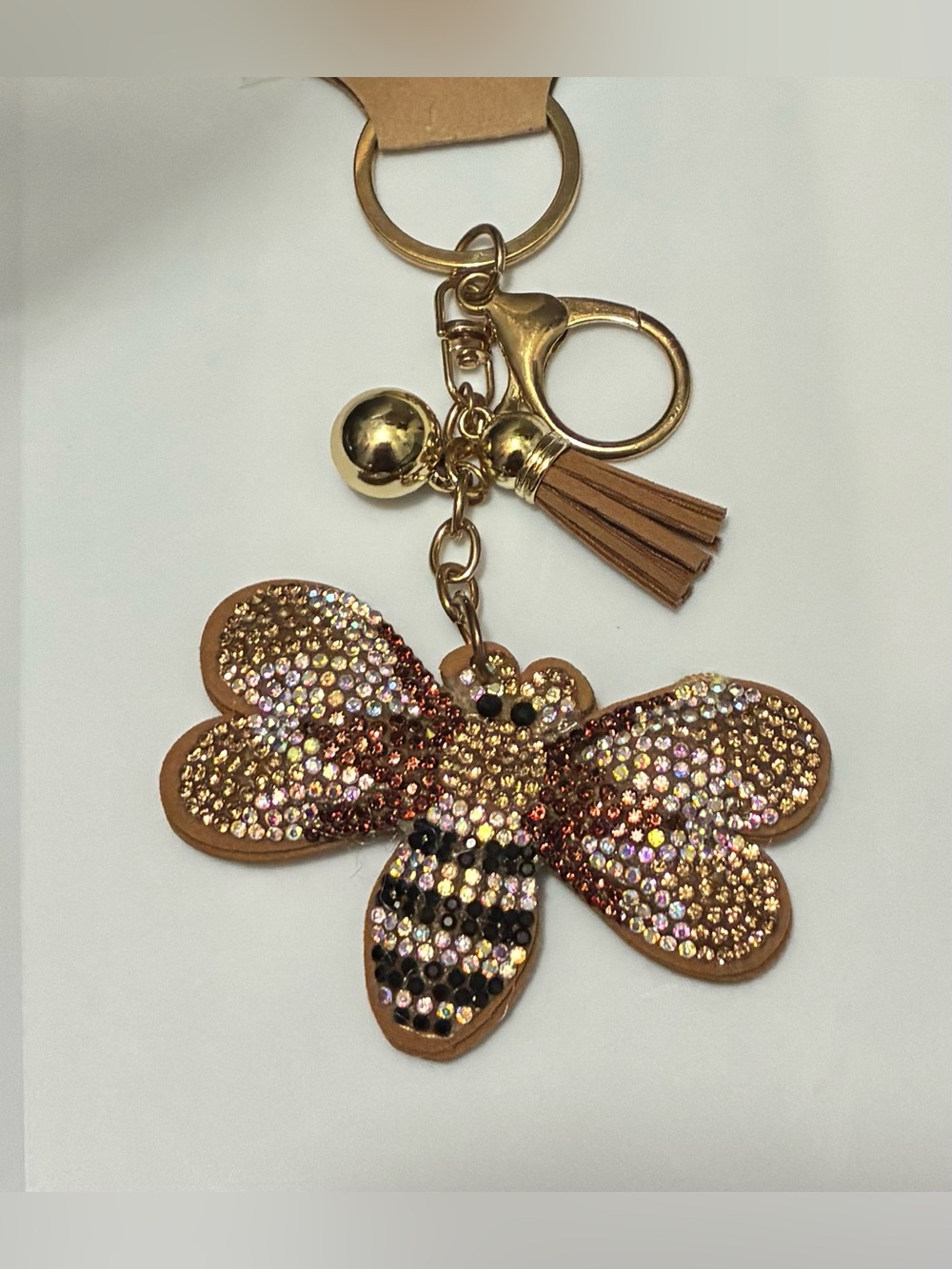 Embellished Gold Bee Crystal Tassel Bag Charm Keychain - Women Accessories - NEW